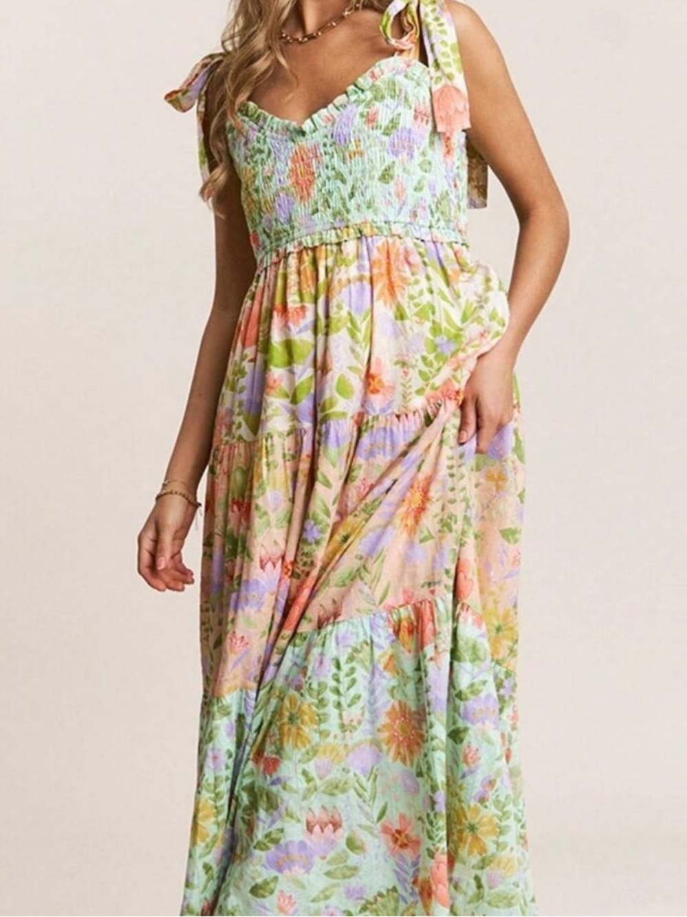 Pastel Floral Tiered Maxi Skirt - Pink & Green - Picture 3 of 6